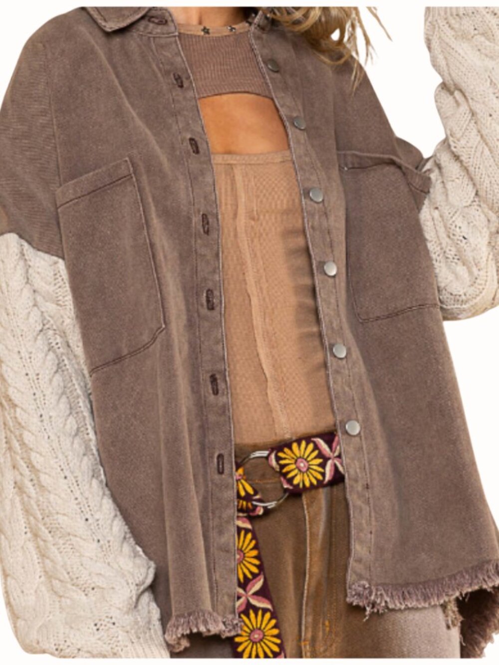 POL Choco Almond Button Down Shacket Distressed Sweater Sleeve Jacket